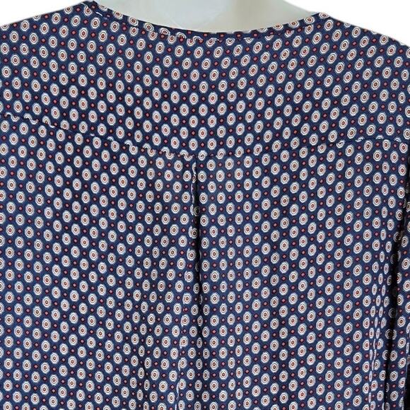Zac & Rachel Womens Blouse Small Navy Geometric Print V Neck Roll Tab Sleeve Top - Picture 10 of 11